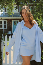 SKY BLUE SATIN MINI DRESS + BUTTON DOWN SET