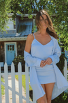 SKY BLUE SATIN MINI DRESS + BUTTON DOWN SET
