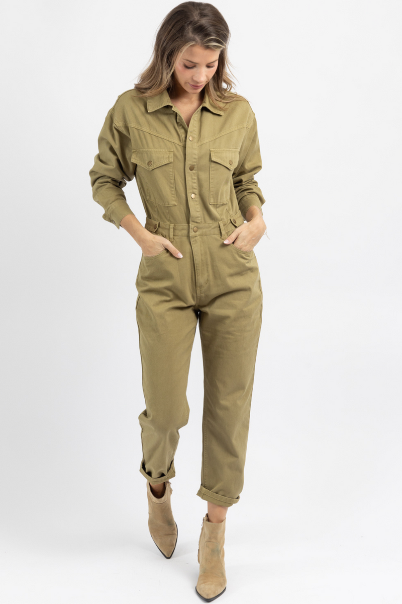 SPELLBOUND WASHED OLIVE UTILITY JUMPSUIT *BACK IN STOCK* – L'ABEYE