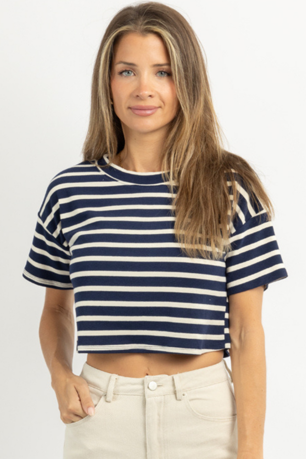 SPOTTED IN STRIPES NAVY TOP