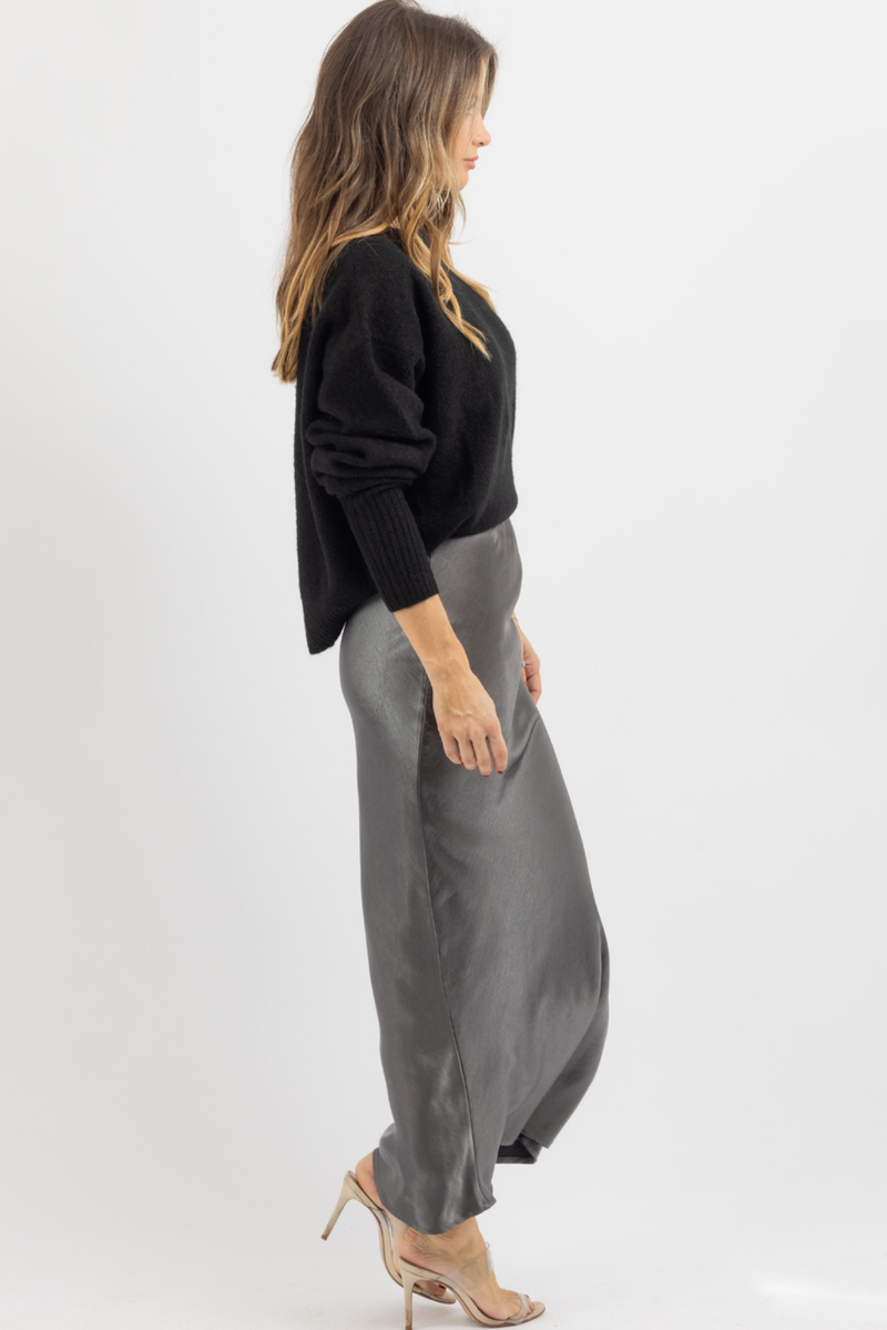 THE VALERIE CHARCOAL SATIN SKIRT