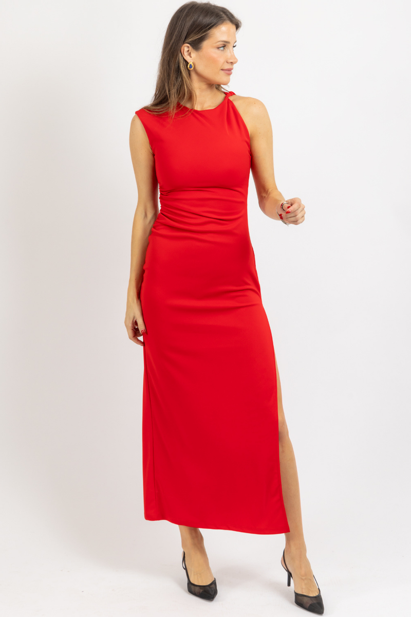 WARRIN RED SHIRRED DRESS