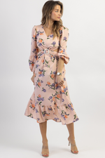 BABY PINK FLORAL BUCKLE MIDI DRESS