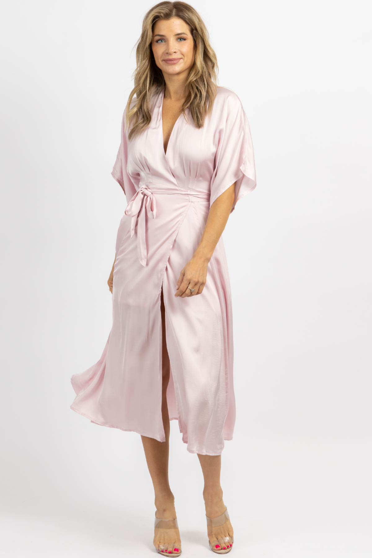Olivaceous Satin Wrap Midi Dress Pink M