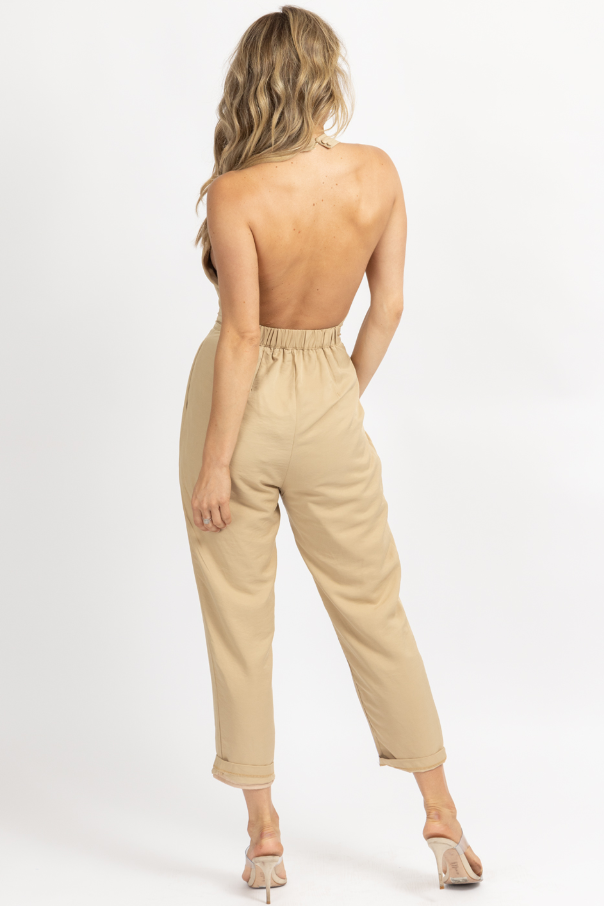 GOLDEN BEIGE HALTERNECK OPEN BACK JUMPSUIT – L'ABEYE