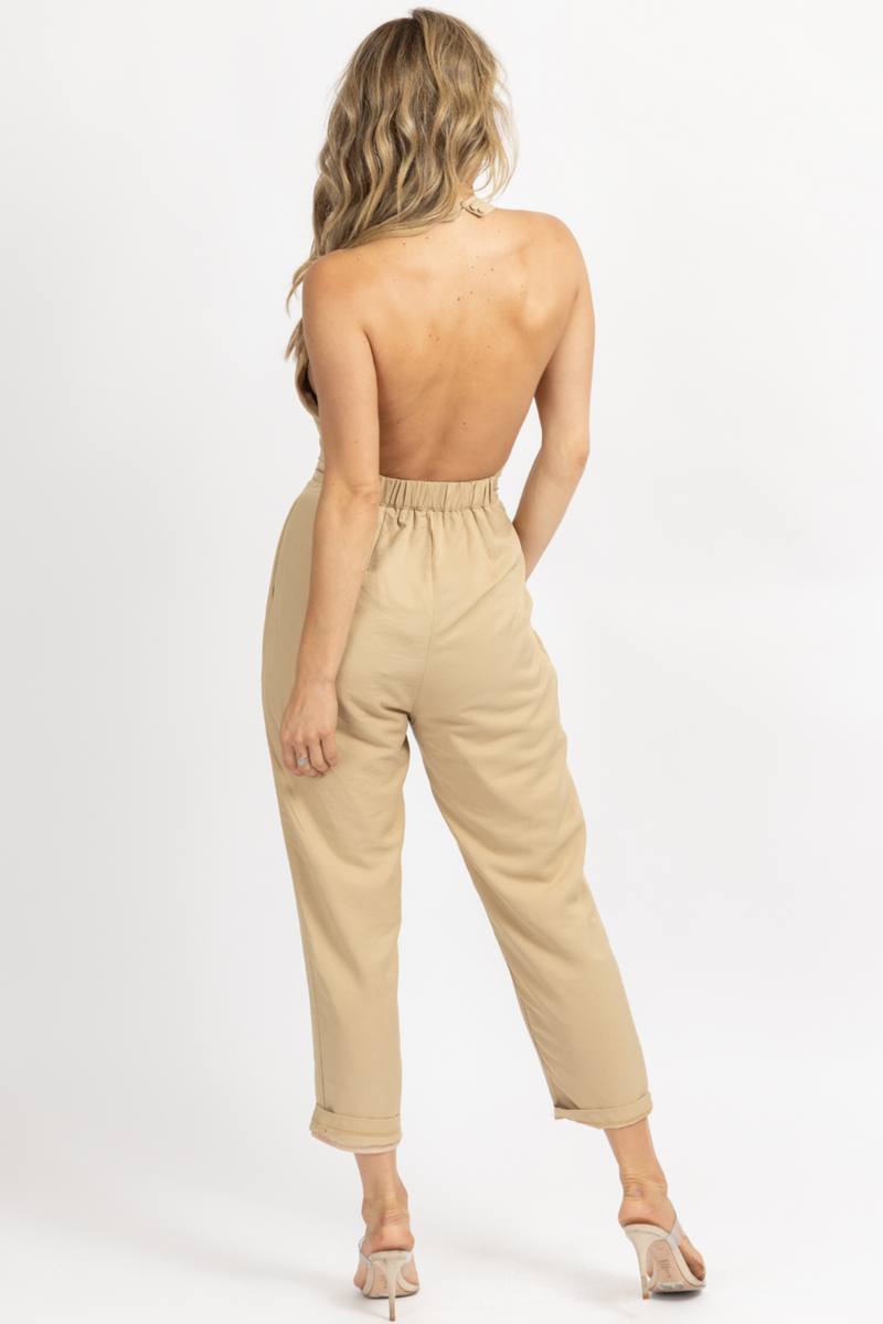 GOLDEN BEIGE HALTERNECK OPEN BACK JUMPSUIT