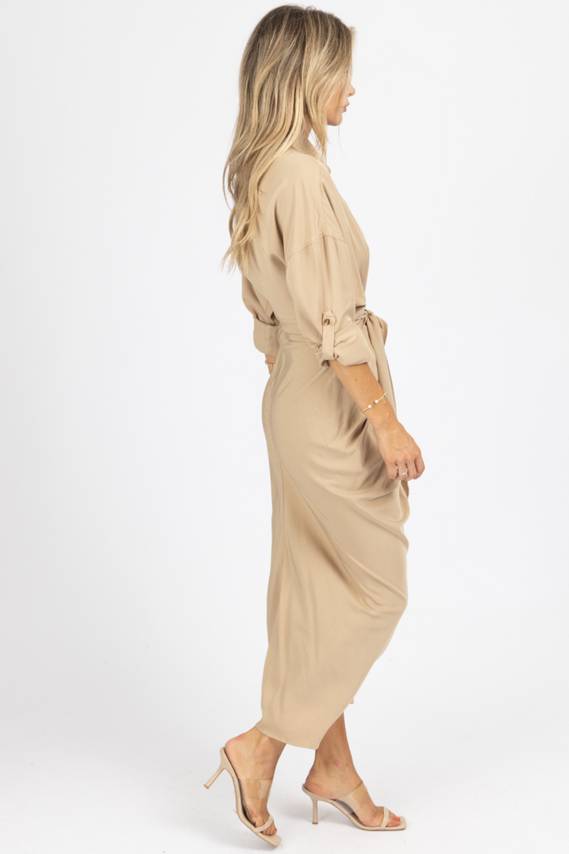 TAUPE TENCEL BUTTON DOWN SHIRT DRESS *BACK IN STOCK*