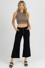 BLACK BUTTON CROPPED FLARE JEANS