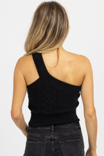 BLACK CABLEKNIT ONE SHOULDER SWEATER TOP