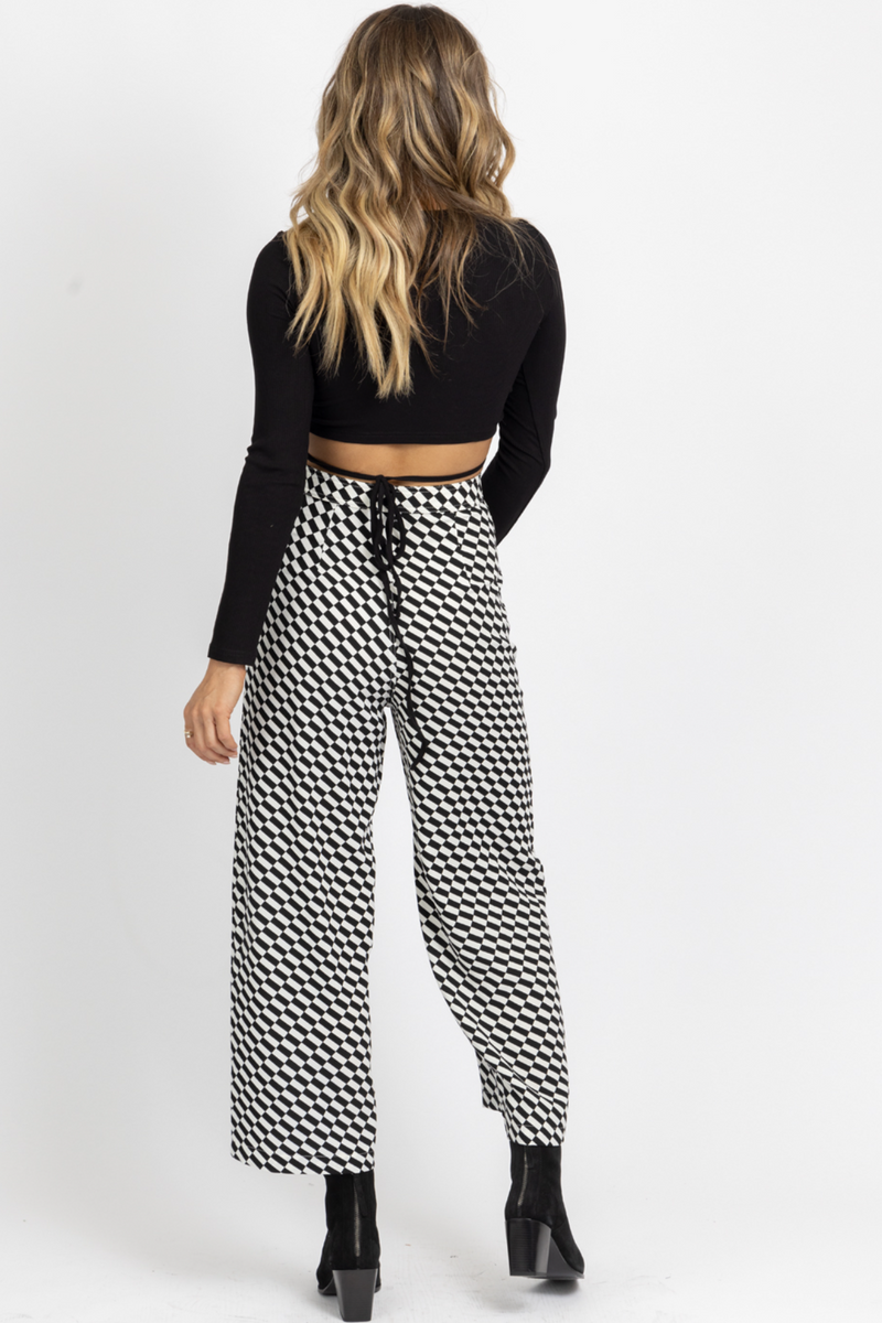 B+W CHECK PRINT WIDE LEG PANT