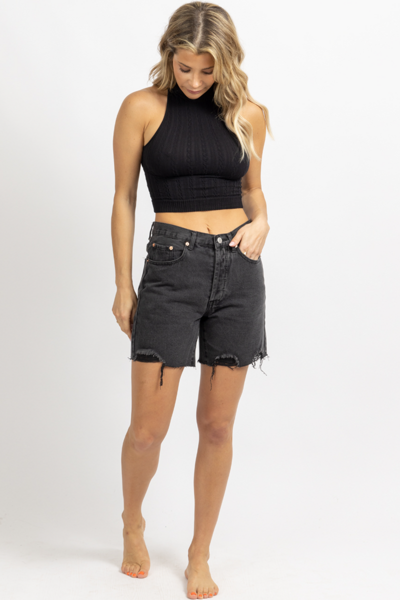 WASHED BLACK MID THIGH DENIM SHORT L ABEYE