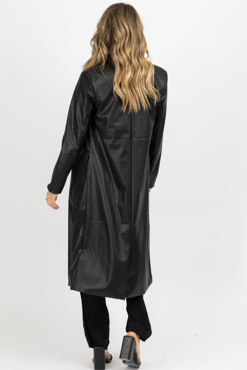 BLACK FAUX LEATHER RELAXED TRENCH COAT