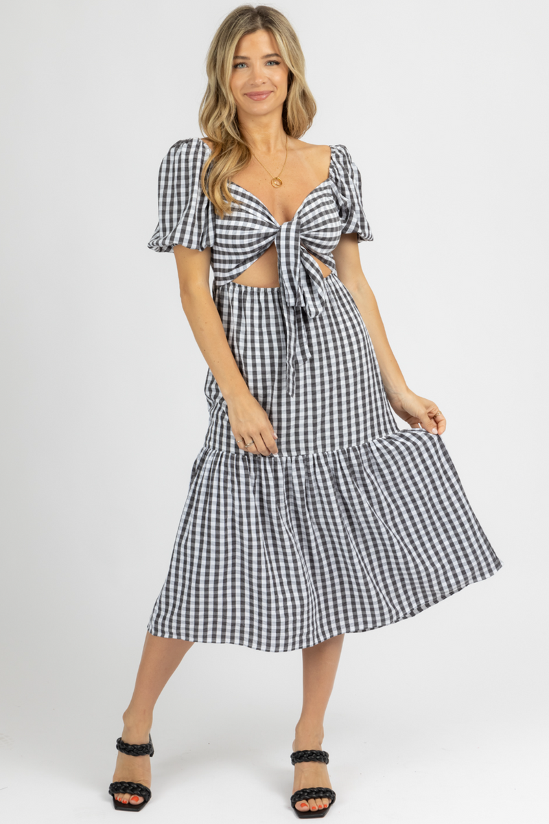 BLACK CHECKERED TIE FRONT TIERED DRESS
