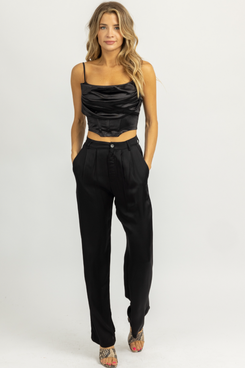 BLACK SATIN BUTTON FRONT TROUSERS