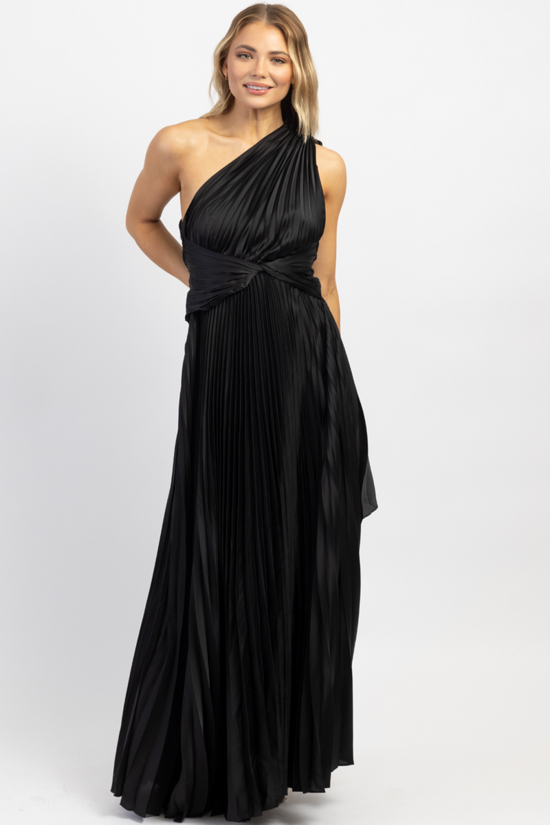 STARLOW BLACK ONE SHOULDER PLEAT DRESS *BACK IN STOCK*