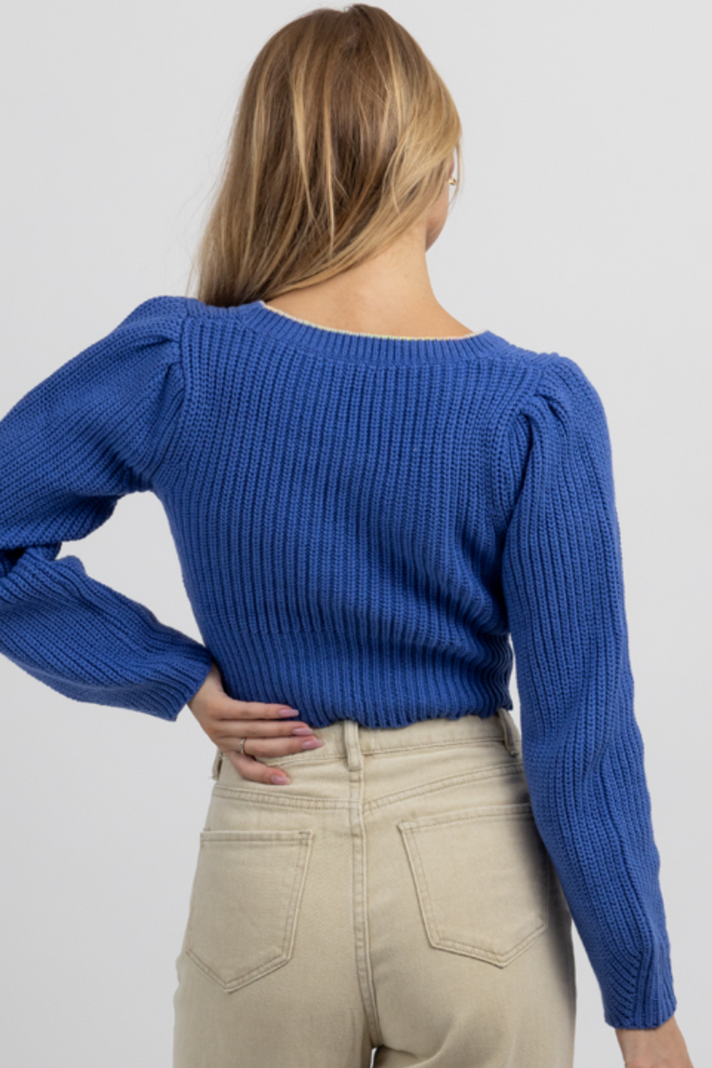 ROYAL BLUE CROPPED BUTTON CARDIGAN