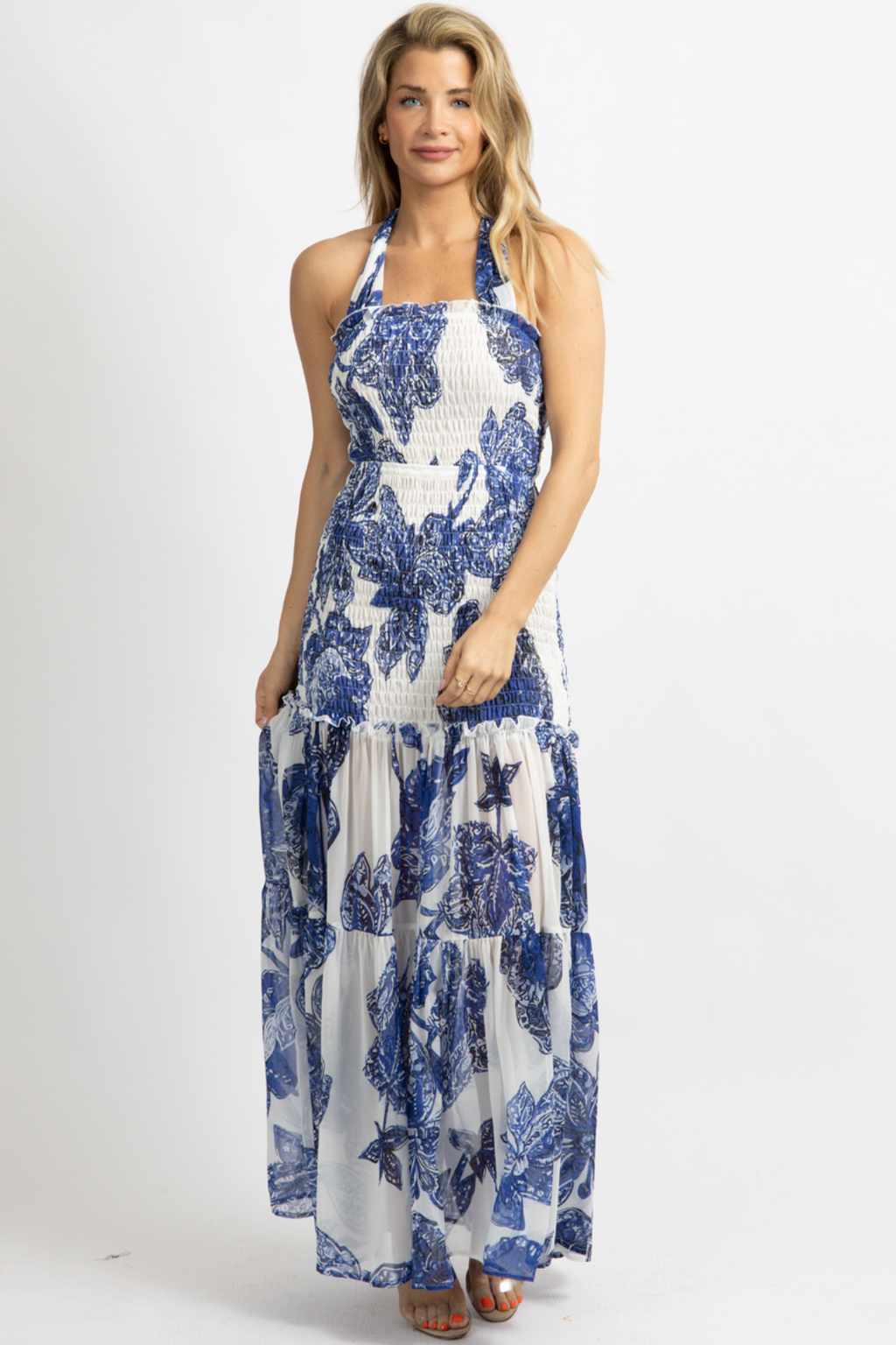 WHITE + BLUE SMOCKED FLORAL MAXI DRESS – L'ABEYE
