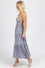 NAVY GINGHAM TIERED OPEN BACK MAXI DRESS