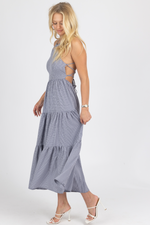 NAVY GINGHAM TIERED OPEN BACK MAXI DRESS