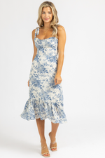 BLUE TOILE TIE STRAP MIDI DRESS