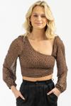 BROWN DOTTED ASYMMETRIC RUCHED TOP