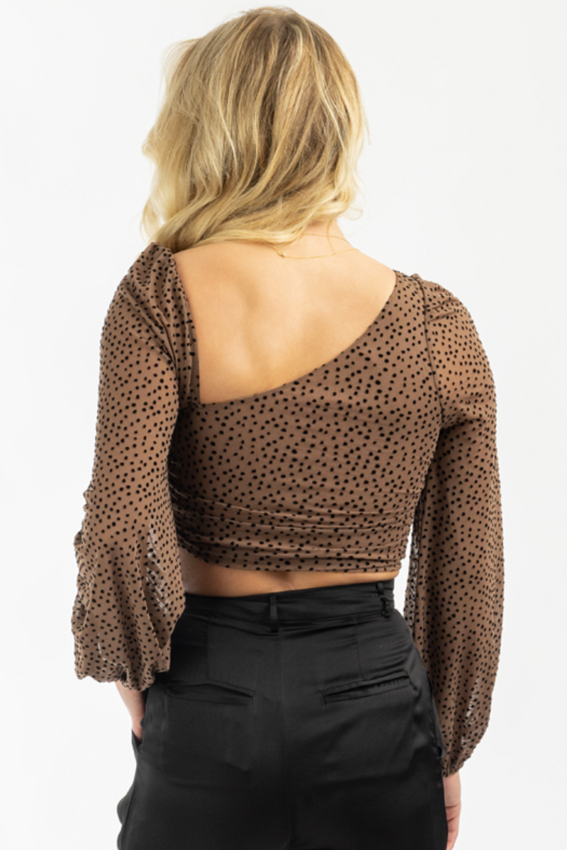 BROWN DOTTED ASYMMETRIC RUCHED TOP