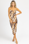 BROWN SWIRL COWL NECK MIDI DRESS