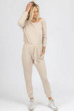 BUTTER SOFT TAUPE OFF SHOULDER DRAWSTRING JUMPSUIT