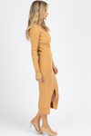 CAMEL RIBBED KNIT BUTTON FRONT MIDI DRESS