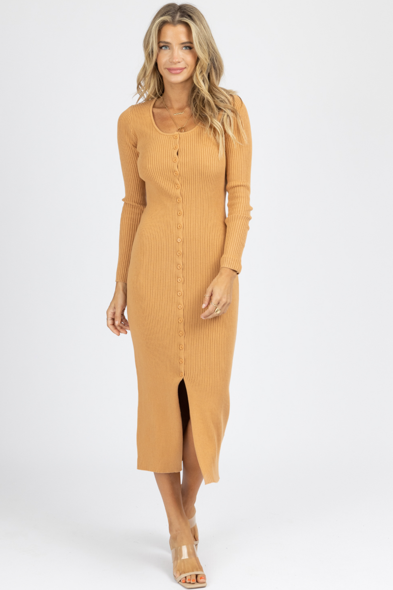 CAMEL RIBBED KNIT BUTTON FRONT MIDI DRESS
