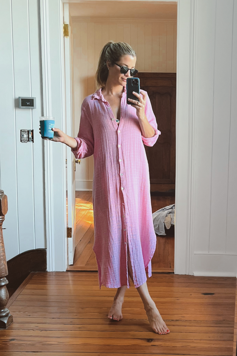 CANDY PINK GAUZE MAXI SHIRT DRESS