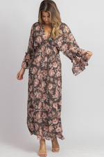 CHARCOAL ROSE BUTTERFLY SLEEVED MIDI DRESS