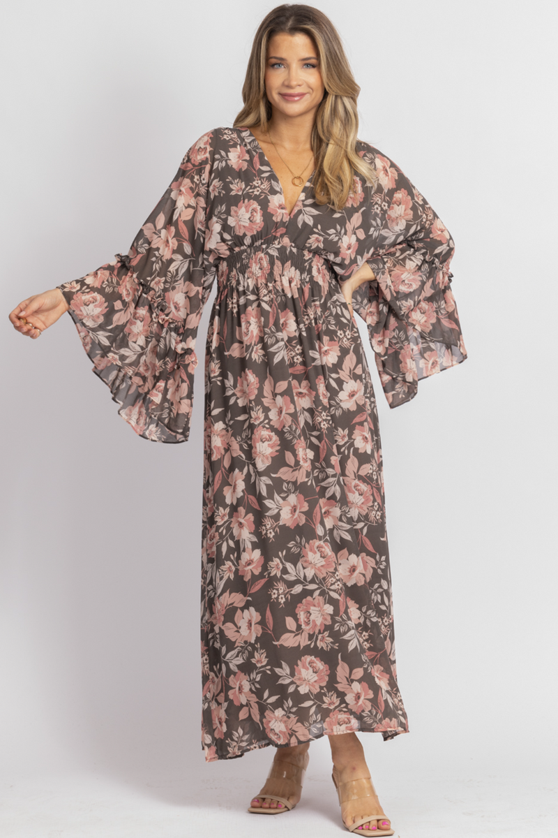 CHARCOAL ROSE BUTTERFLY SLEEVED MIDI DRESS