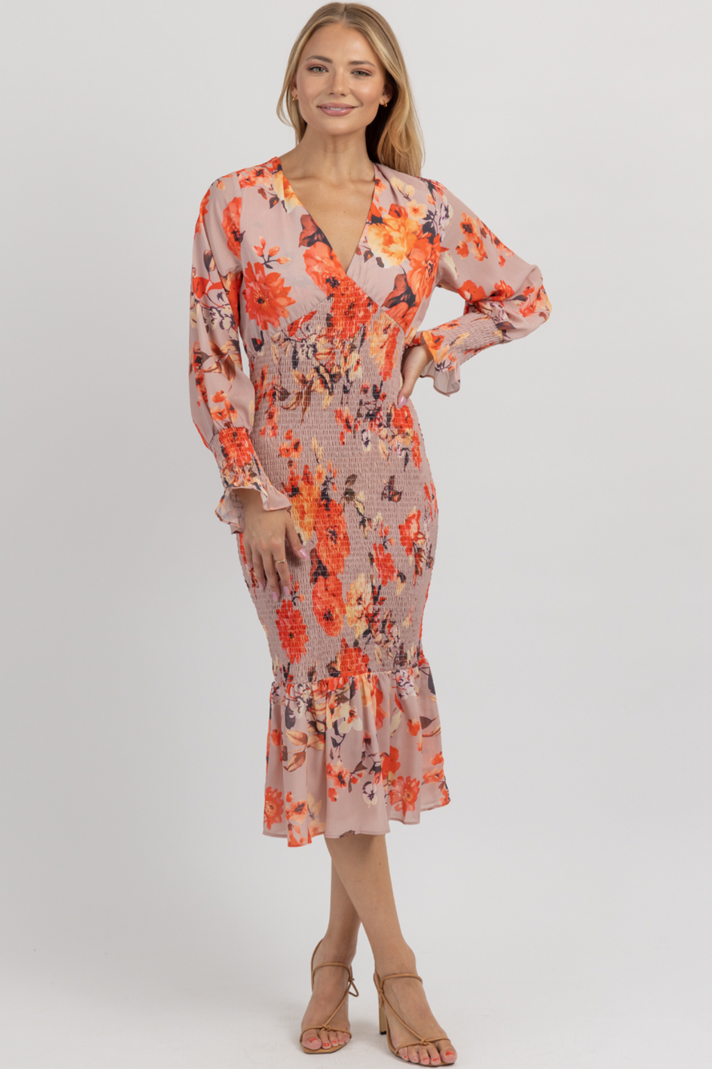 CORAL FLORAL PUFF + SMOCK MAXI DRESS