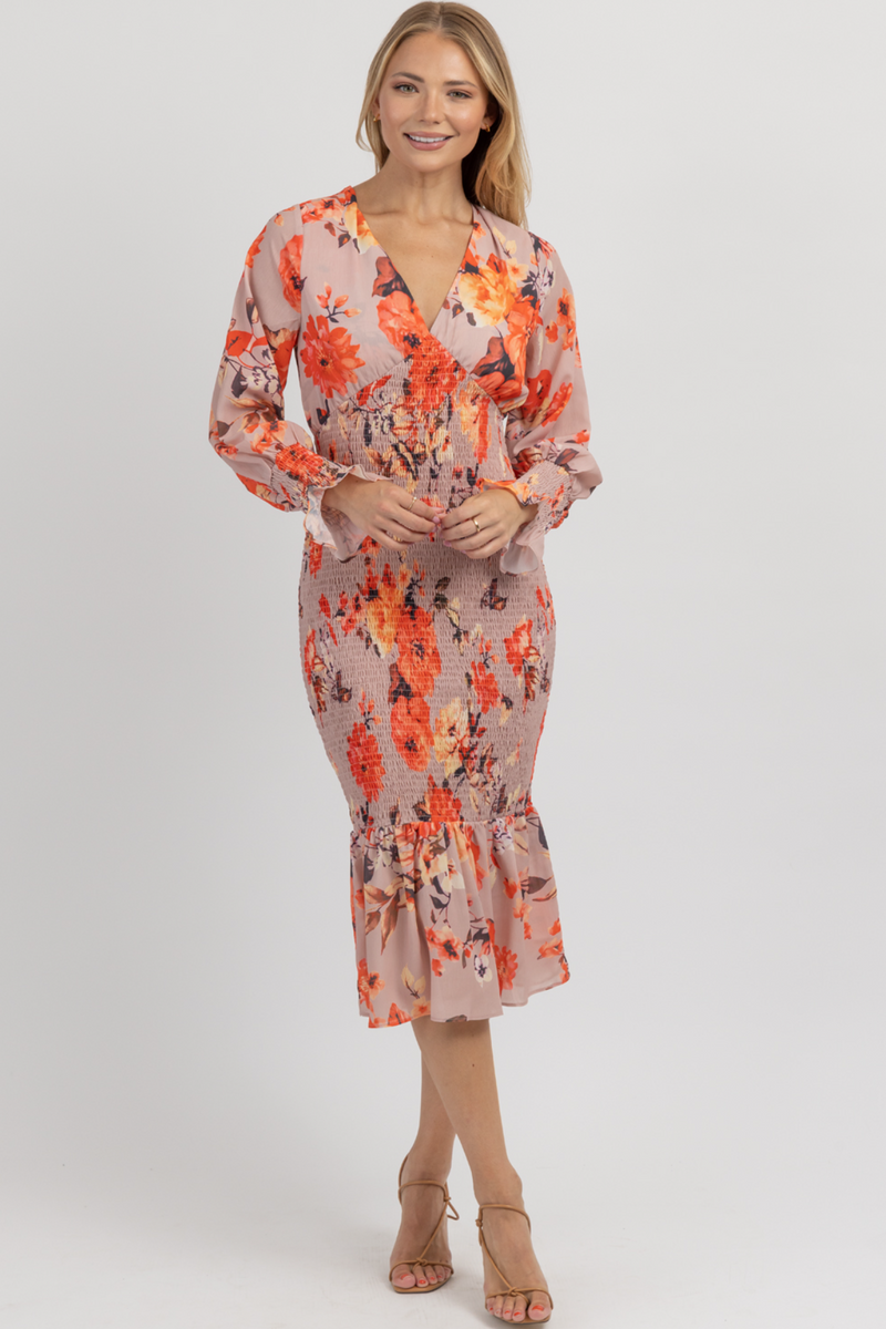 CORAL FLORAL PUFF + SMOCK MAXI DRESS