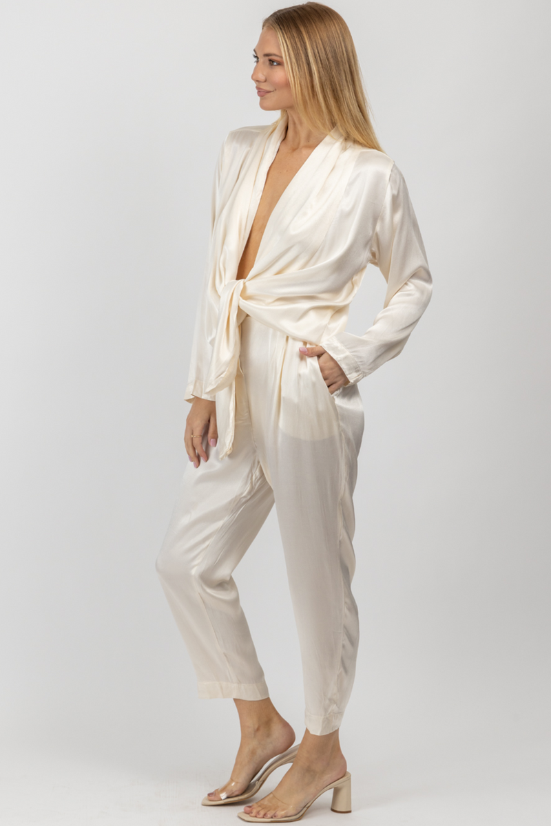 CREAM SATIN OPEN FRONT TIE JUMPSUIT BACK IN STOCK L ABEYE