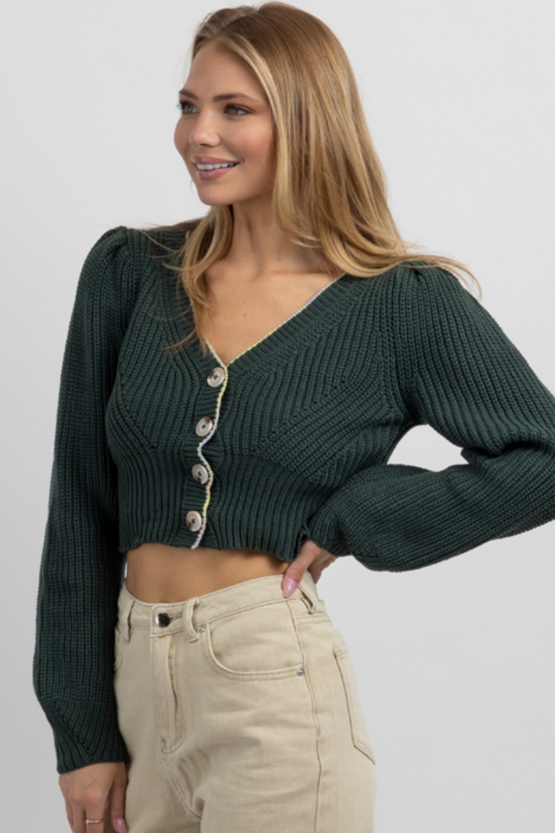 DEEP GREEN CROPPED BUTTON CARDIGAN