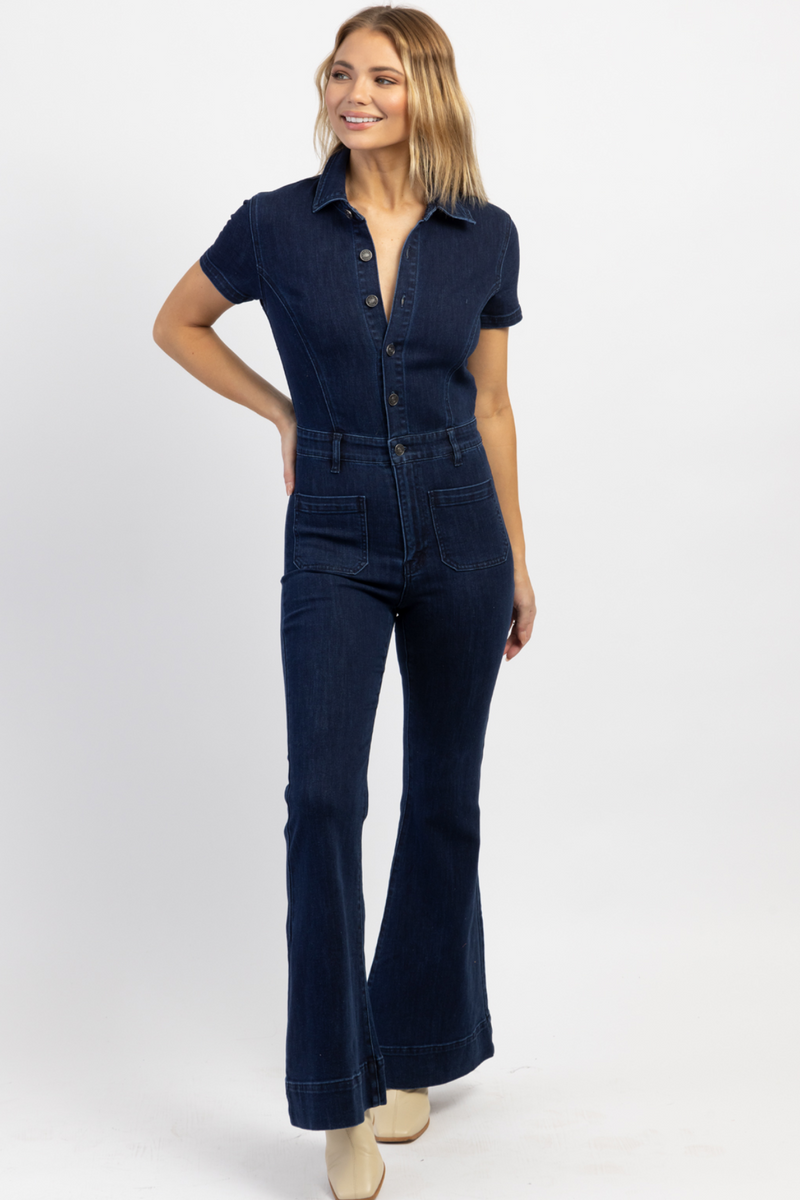GOOD KARMA DENIM FLARE JUMPSUIT BACK IN STOCK L ABEYE