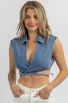 BLUE JEAN COLLARED WRAP TOP