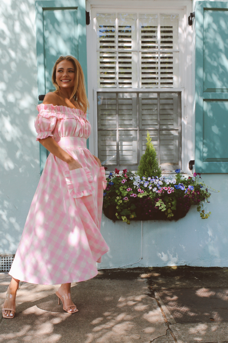 Pink gingham 2025 maxi dress