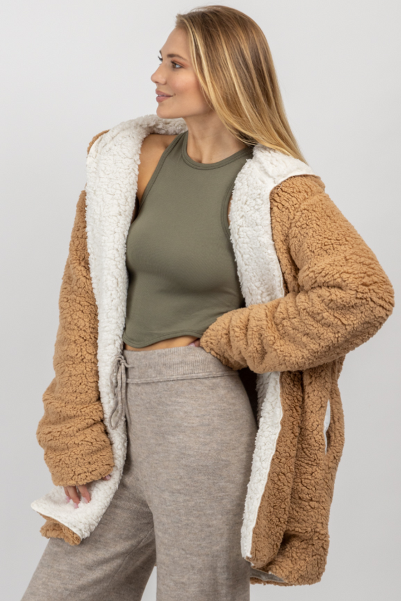 Reversible hooded teddy sherpa top jacket