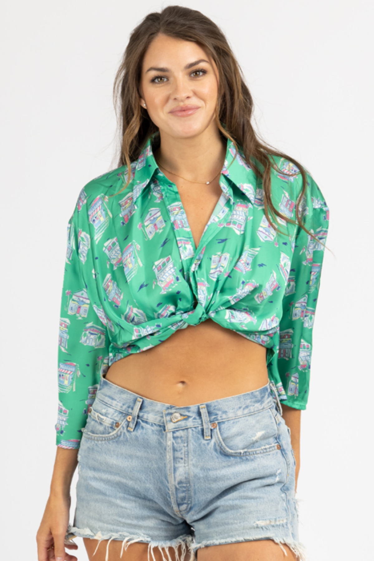 トップス iRENE Flocky Print Cropped Shirt GREEN PATTERNED FRONT TWIST CROP – L'ABEYE