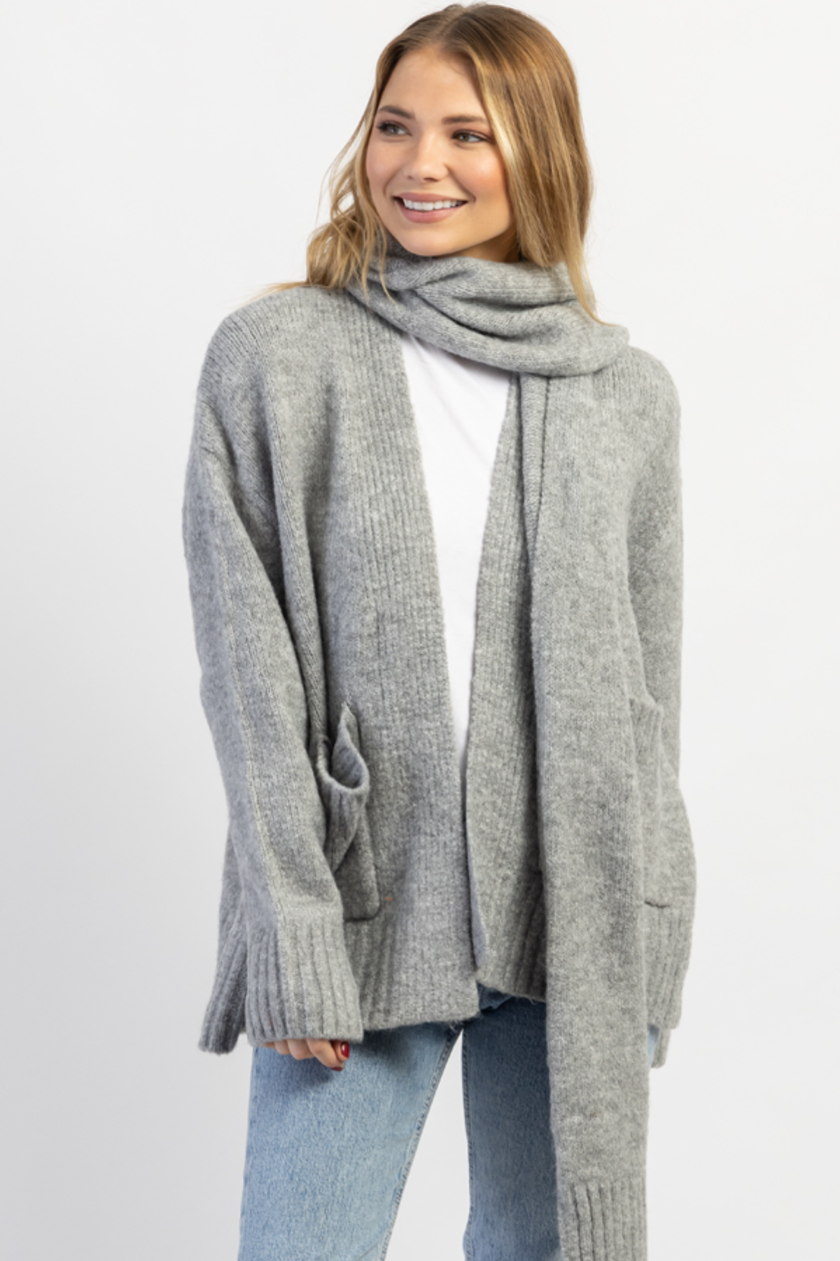 Grey Lab Feather Plush Cardigan Sweater