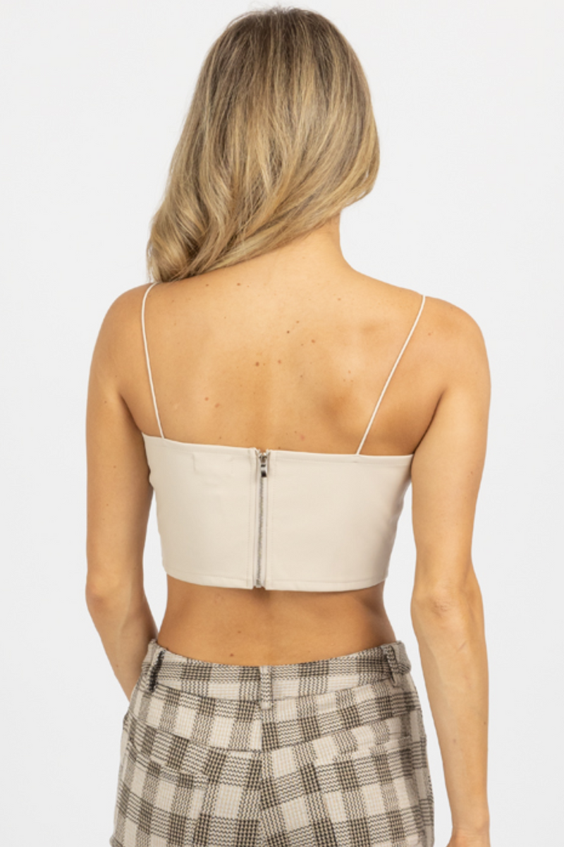IVORY FAUX LEATHER BUSTIER CROP