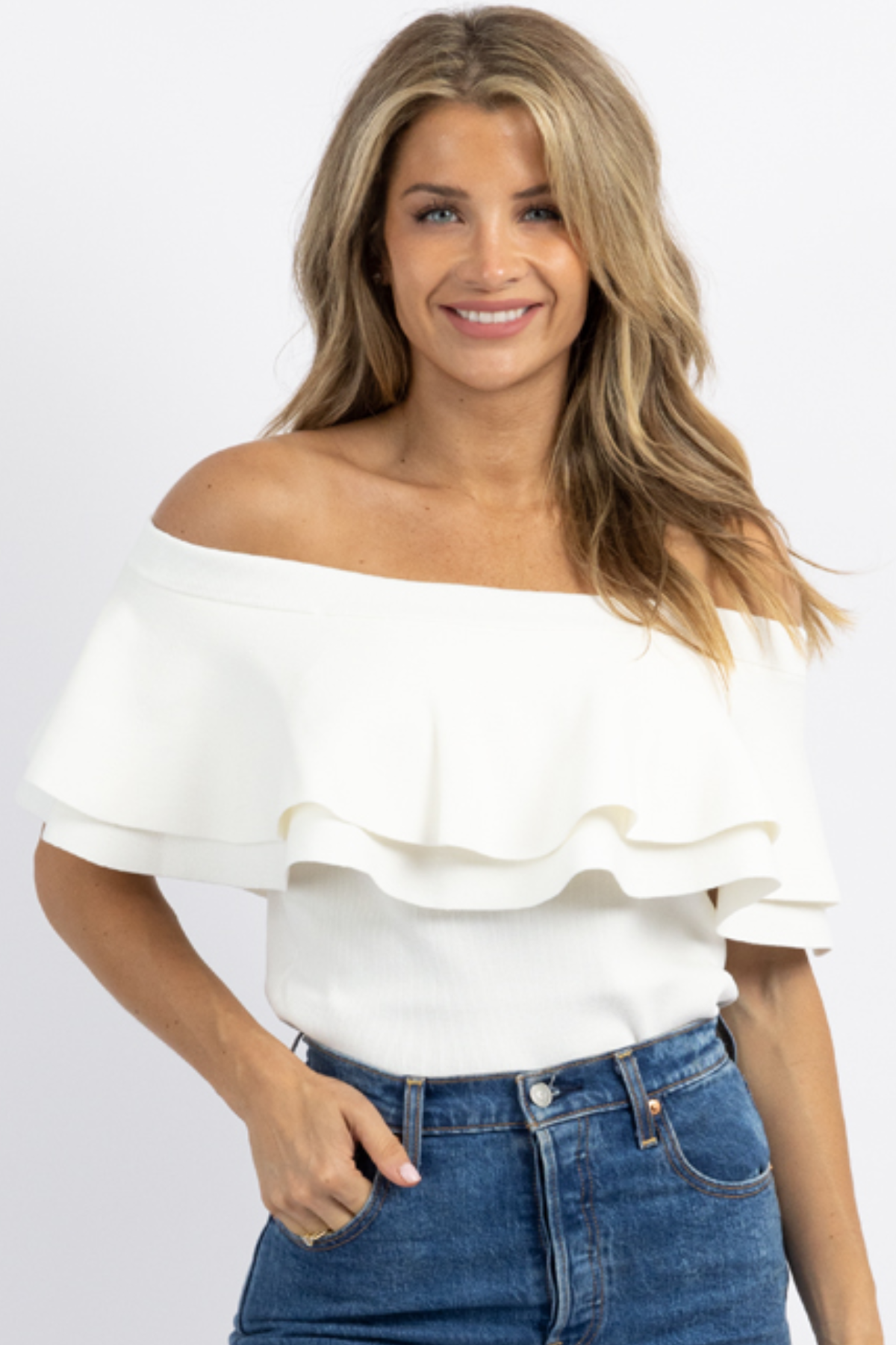 White off the sales shoulder sweater top