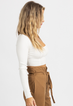 IVORY SELF PIPING KNIT LONG SLEEVE CROP