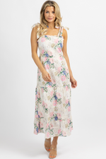 WHITE + PINK FLORAL EMBROIDERED TIE STRAP MIDI DRESS