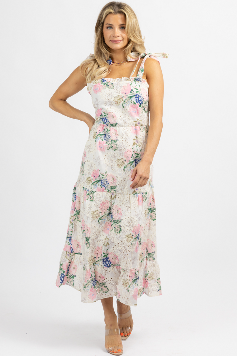 WHITE + PINK FLORAL EMBROIDERED TIE STRAP MIDI DRESS