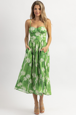 JAYDE FLORAL GREEN A-LINE MIDI DRESS
