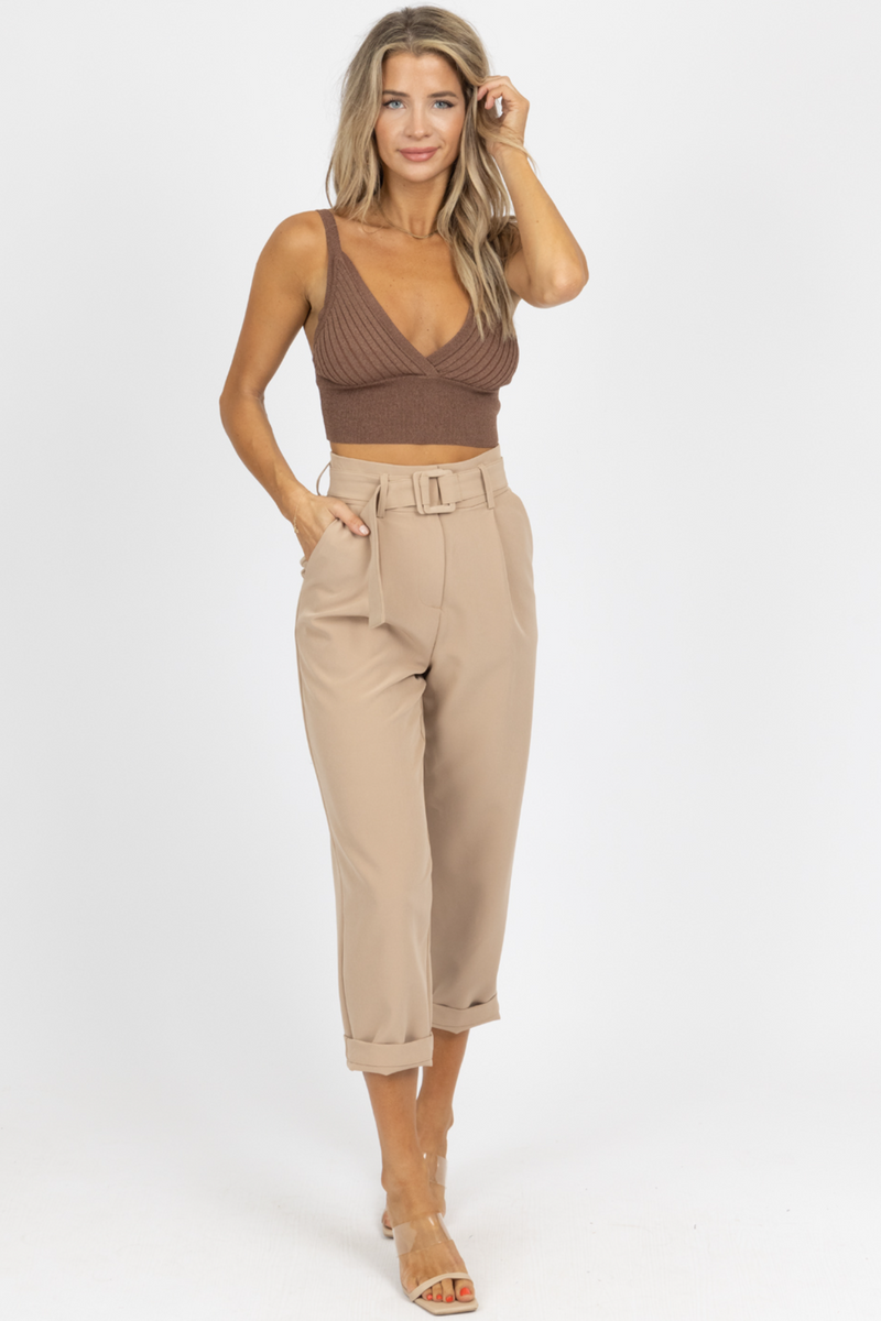 LATTE BELTED STRAIGHT LEG TROUSERS